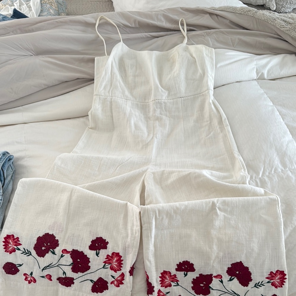 White Jumpsuit with Red Floral Embroidery